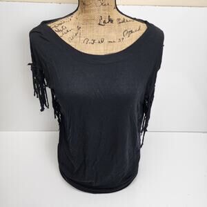 TOSKA Y2K Black Fringed Sleeves Casual Summer Swimsuit Cover Up Tee Women's XL